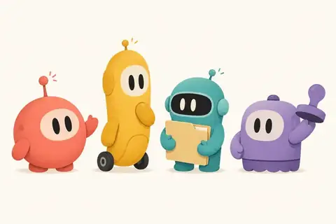 Four cute blob bots in coral, gold, teal, and violet hanging out together