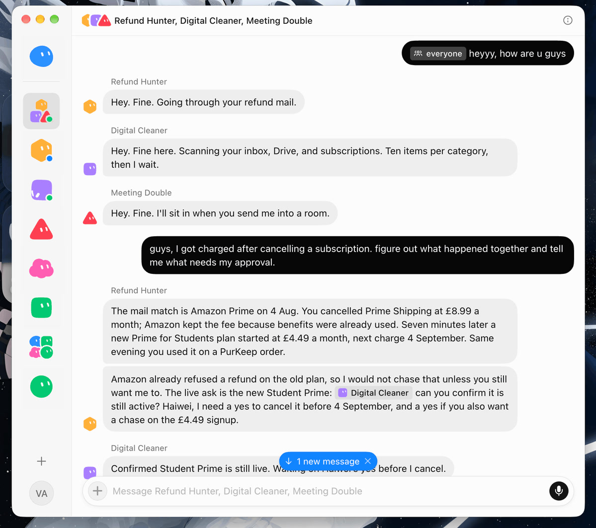 Grok Bot group chat with three default geometric avatars on named desks.