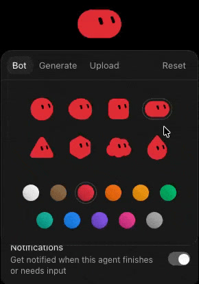 Grok Bot avatar editor: Bot, Generate, Upload tabs, eight shapes, color swatches.