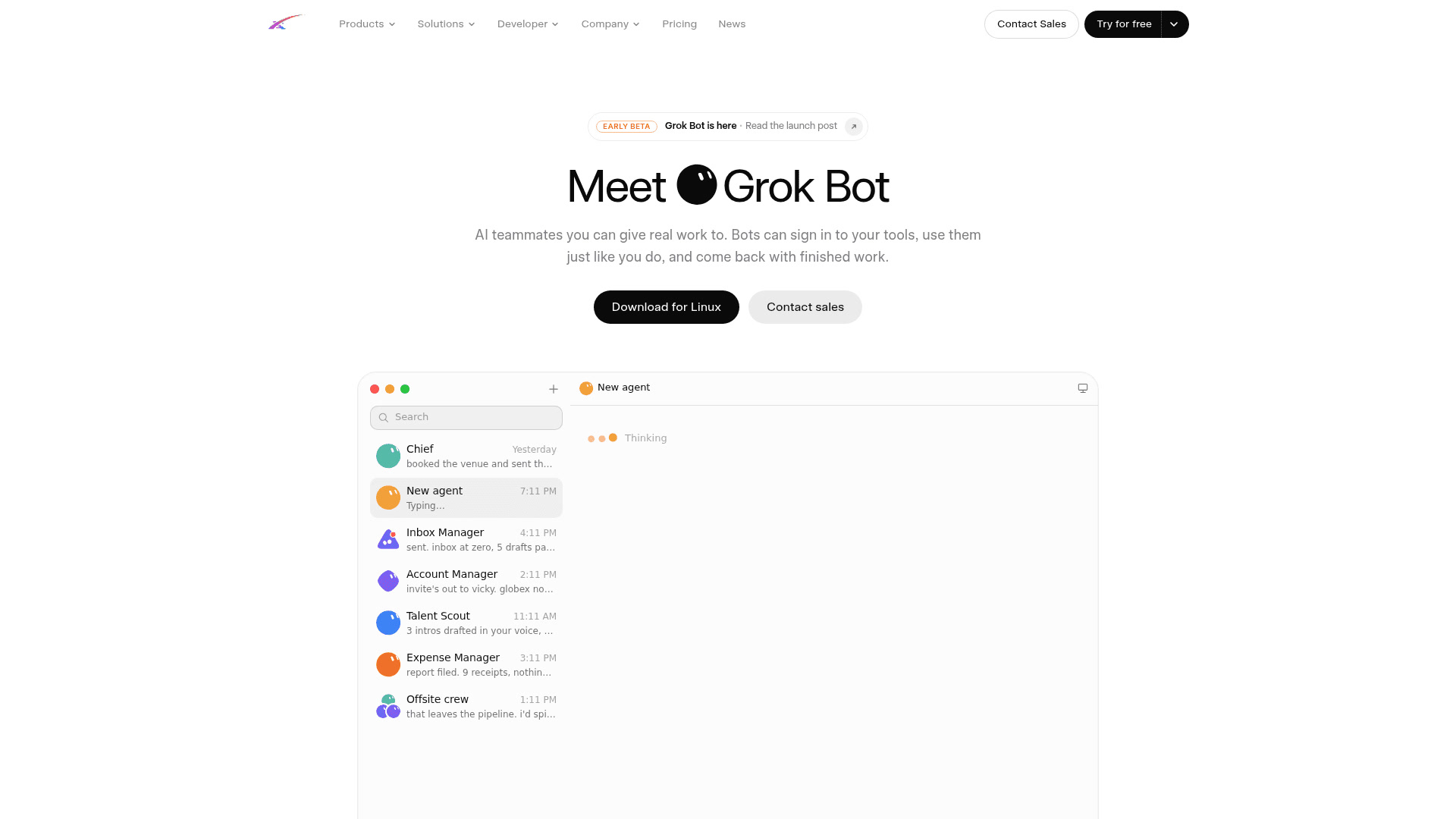 Grok Bot desktop and iPhone with default colored geometric avatars on named desks.