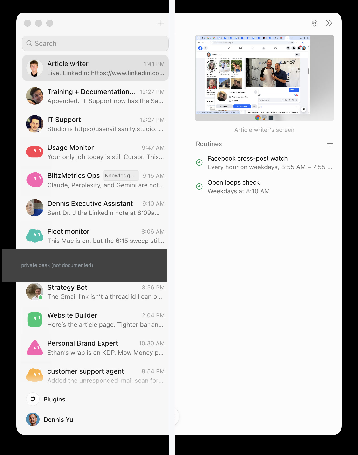 Dennis Yu’s Grok Bot sidebar with default geometric faces and uploaded photo avatars.