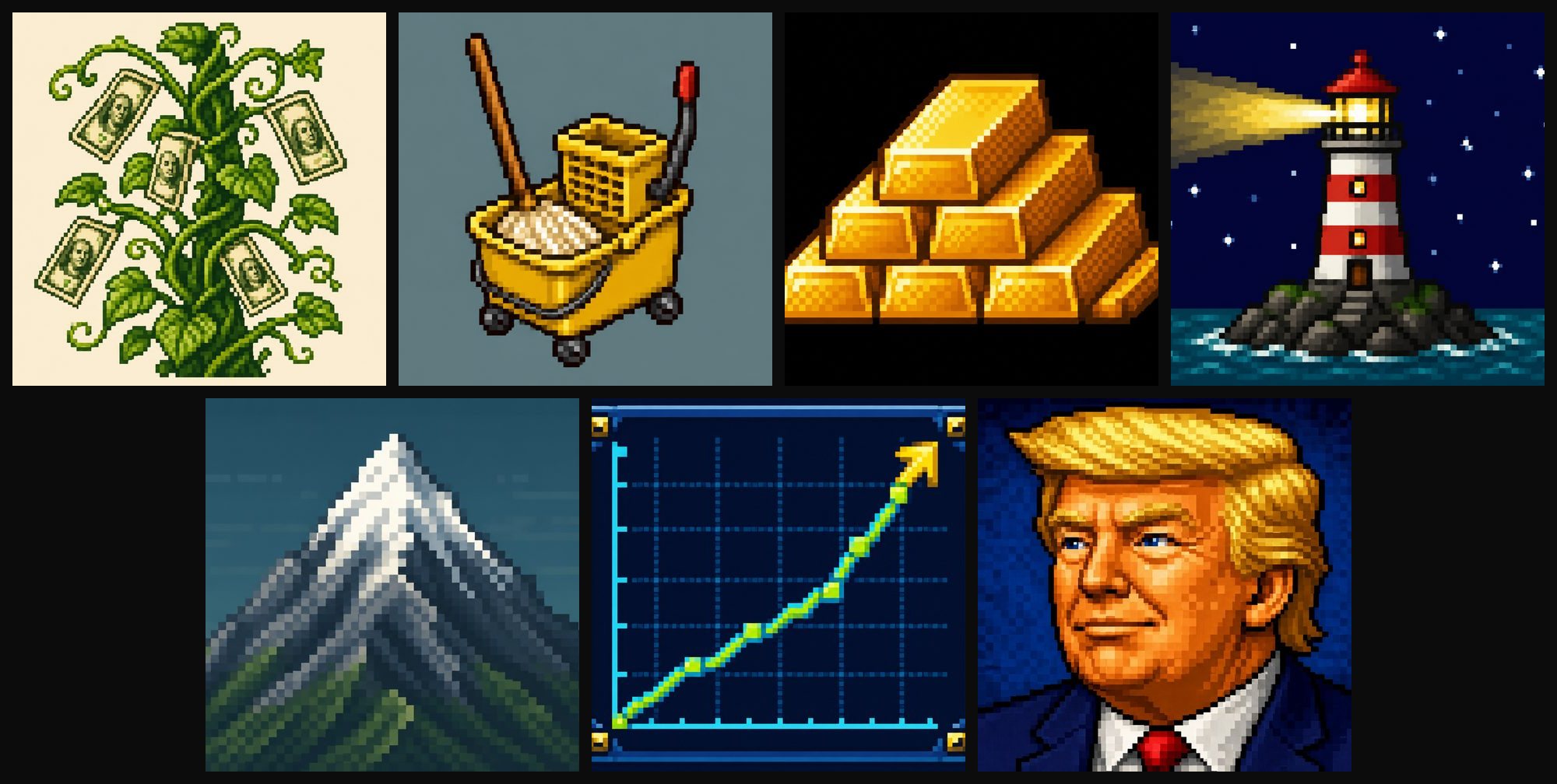 Seven Grok Bot avatars from @saastrash: vine, mop, gold, lighthouse, mountain, chart, 16-bit portrait.